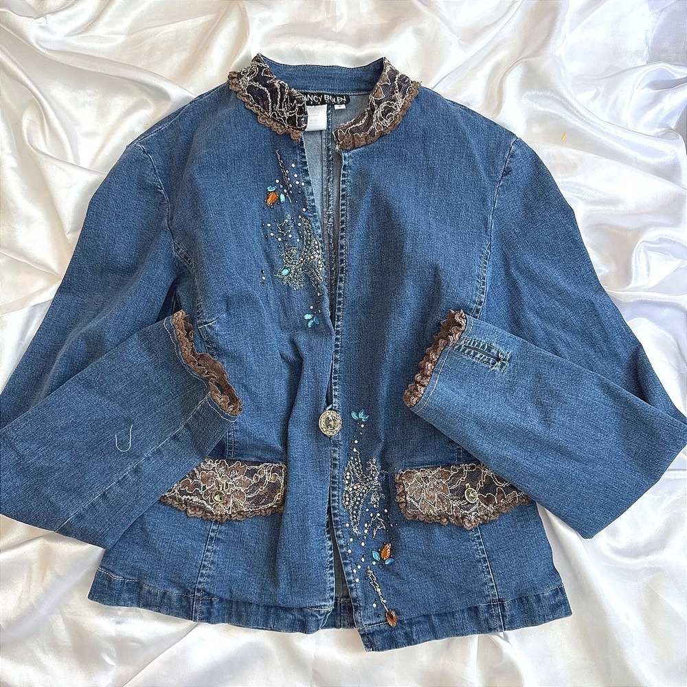 Nancy Bolen City Girl Denim Jacket Lace Trim Beaded Embroidered Blue Womens 6